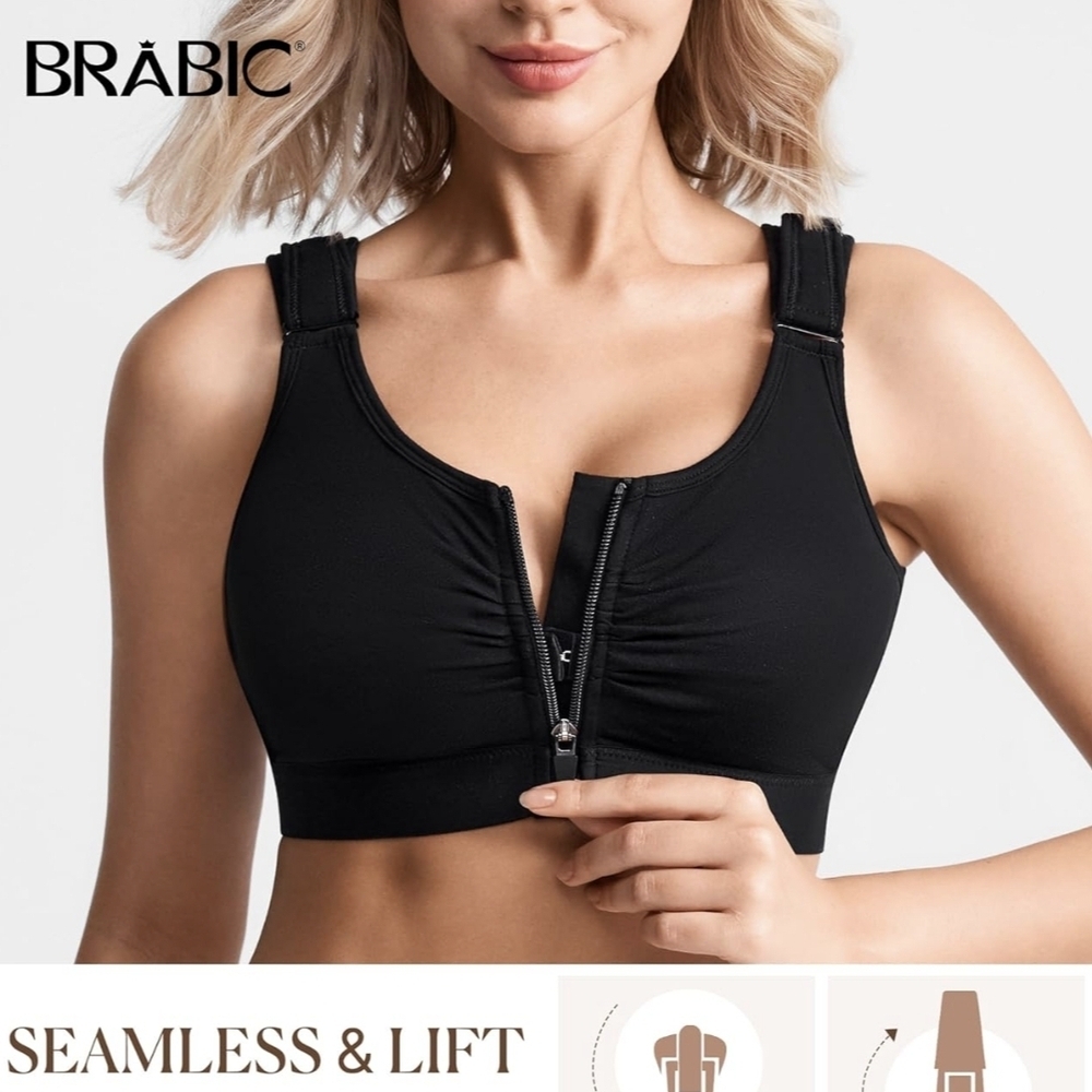 High-Support Front-Zip Black Sports Bra for Women - Picture 2 of 3